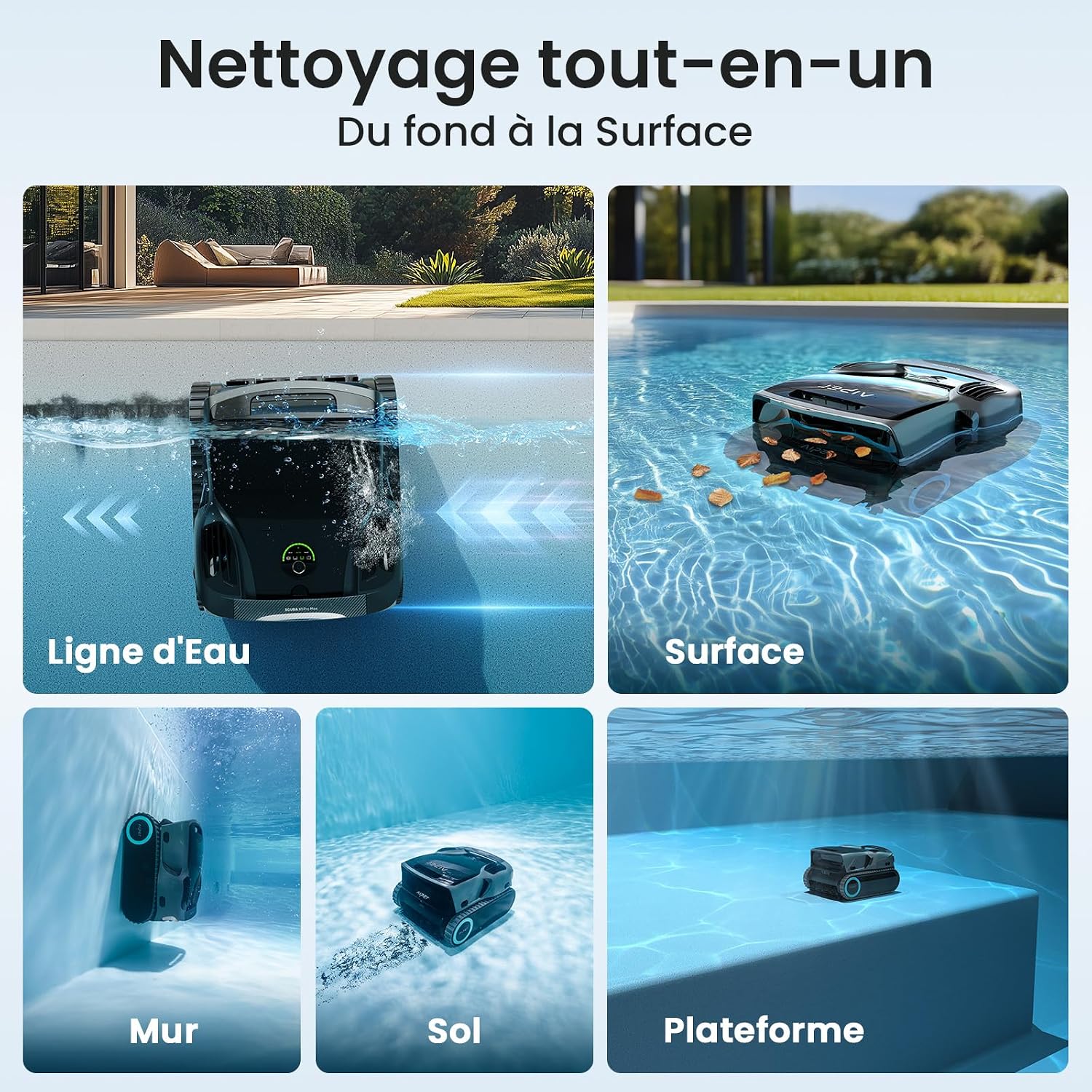 Scuba X1 Pro Max Robot Piscine Premium avec Écumeur de Surface, Cartographie Intelligente, Aspiration 32,000LPH, Filtration Ultra-Fine 3μm, Nettoyeur Piscine Enterrée Jusqu’à 300m² Noir