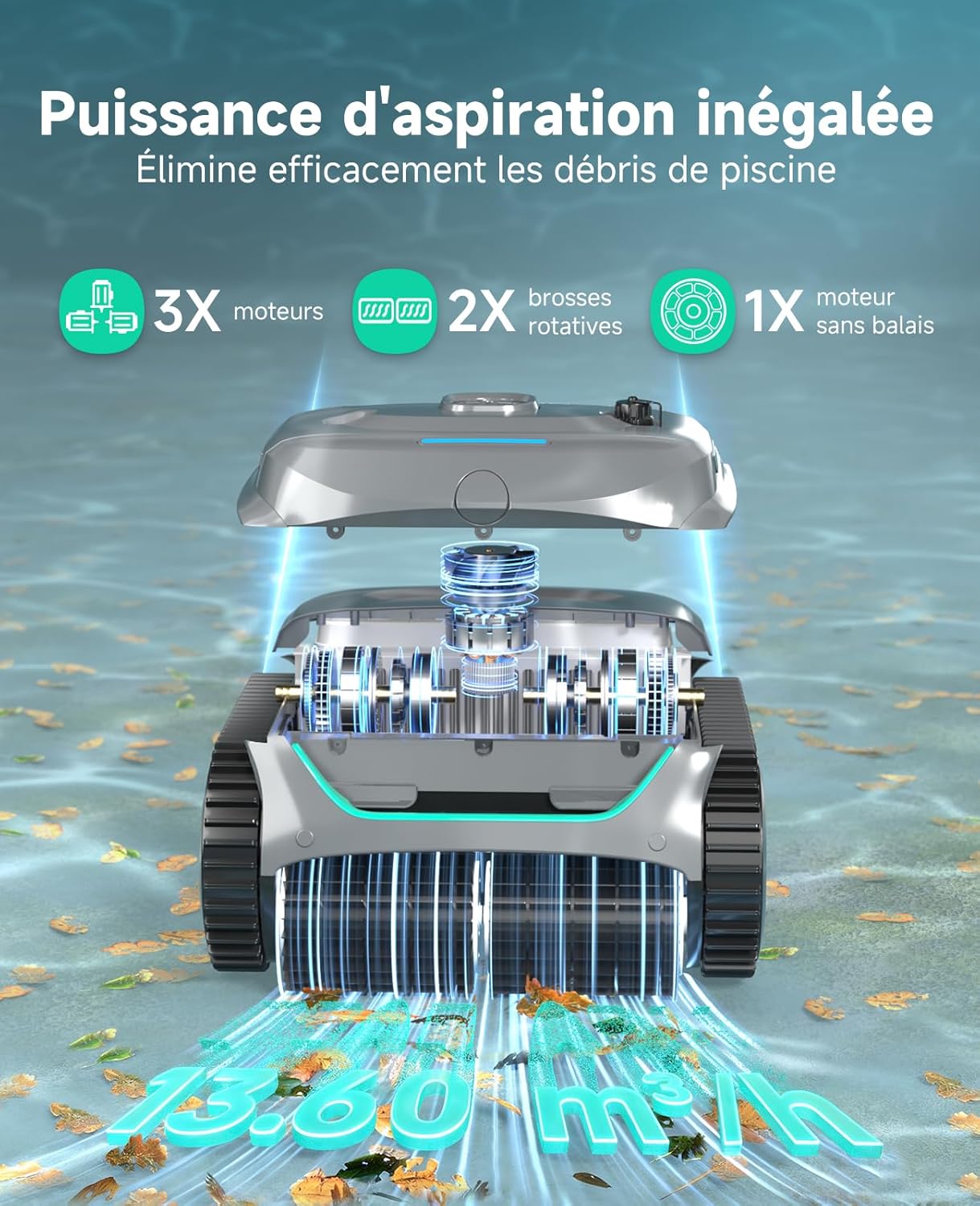 C2 Robot Piscine sans Fil, 3 Moteurs, 180 Min, 150 m², App Vert gravier-Gris