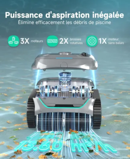 C2 Robot Piscine sans Fil, 3 Moteurs, 180 Min, 150 m², App Vert gravier-Gris