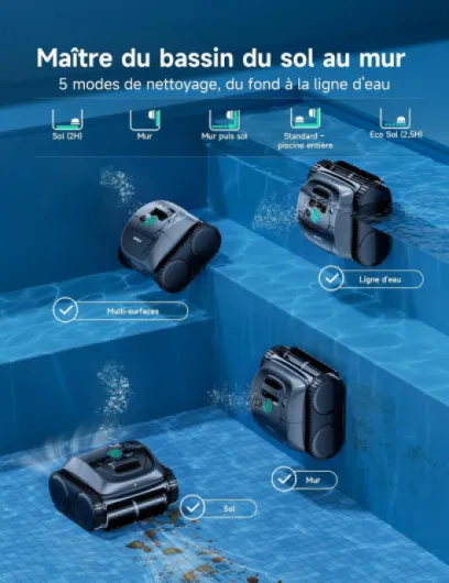 C1 Robot Piscine 155min Batterie, 155m² Fond, Parois, Ligne d'eau Vert Acier Jade