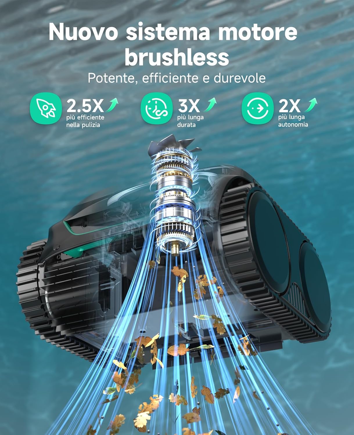 C2 Robot Piscine sans Fil, 3 Moteurs, 180 Min, 150 m², App Vert Noir Argent