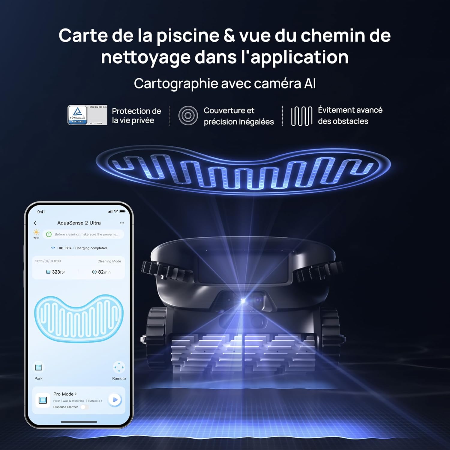 AquaSense 2 Ultra Robot de Piscine sans Fil, Cartographie par IA, Nettoyage Complet 5-en-1, détection de débris basée sur l'IA, Nettoyage de Plateformes à Plusieurs Niveaux Bleu Nacré