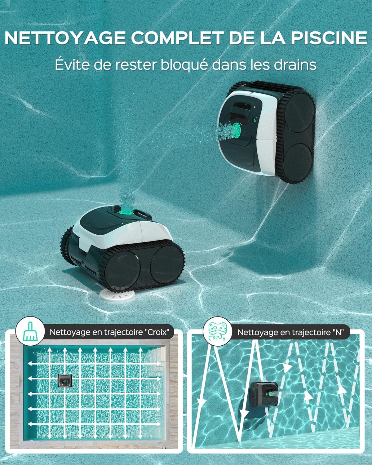 (2025 Upgrade) Robot Piscine sans Fil WYBOT C1-01 Robot Piscine pour Piscines Enterrées & Hors Sol - Nettoyeur 4-en-1 Paroi & Ligne d'eau 150min/150m², Navigation Intelligente, App-Blanc & Vert Clair