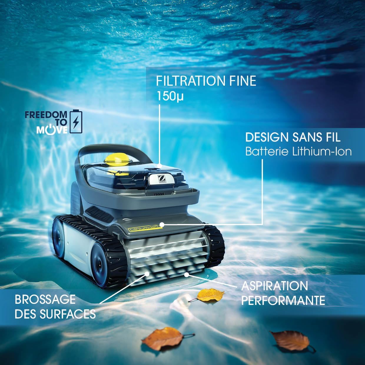 Pixel OP 32 Robot Piscine sans Fil, nettoie Fond et parois des piscines jusqu'à 8x4m - Batterie Lithium, Cycle 2h, Filtration Fine, brossage, et Capot Transparent