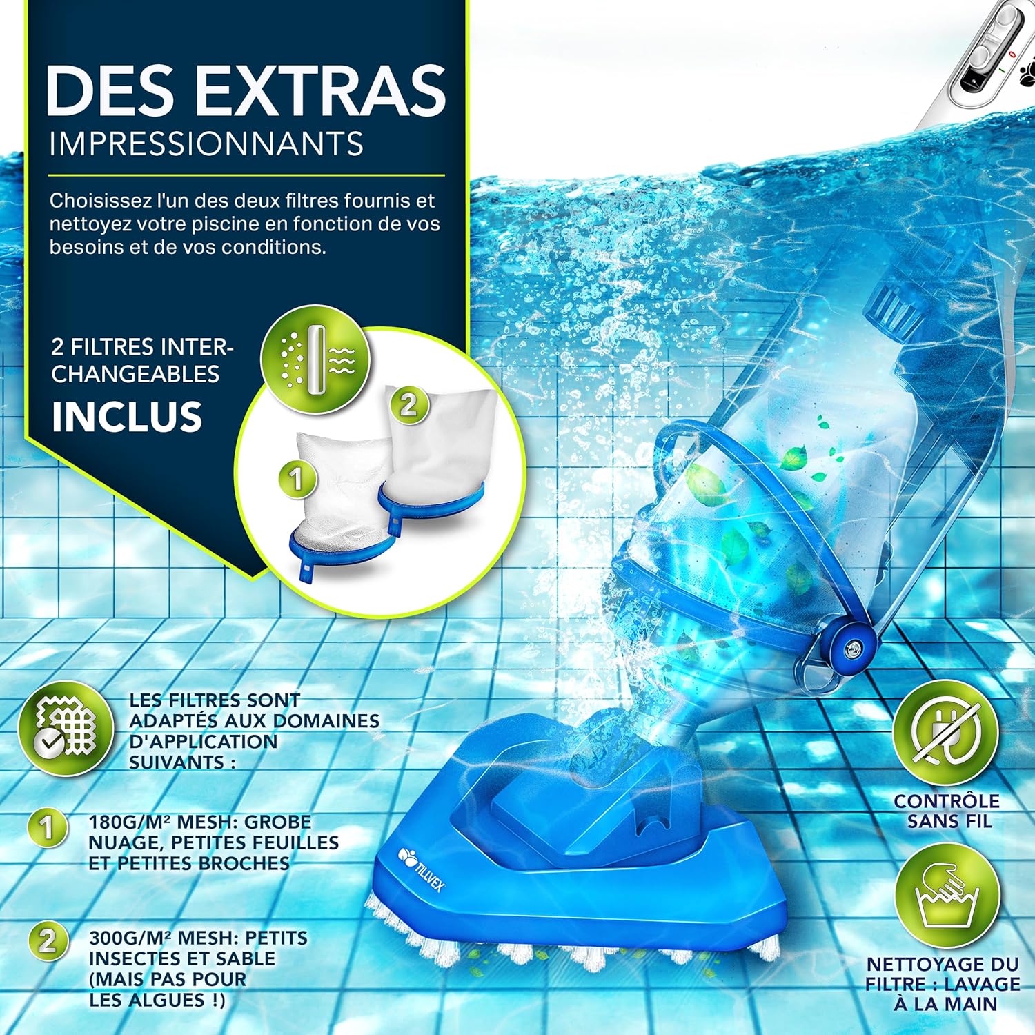 Tillvex Aspirateur de Piscine avec Batterie & Manche télescopique + Filtre - Aspirateur de Piscine électrique - Nettoyeur de Piscine avec Filtre & autonomie de 60 Min (Bleu/Blanc) Bleu / Blanc