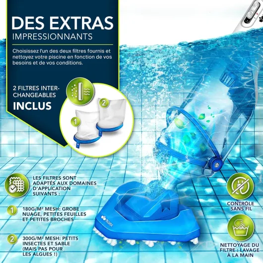 Tillvex Aspirateur de Piscine avec Batterie & Manche télescopique + Filtre - Aspirateur de Piscine électrique - Nettoyeur de Piscine avec Filtre & autonomie de 60 Min (Bleu/Blanc) Bleu / Blanc