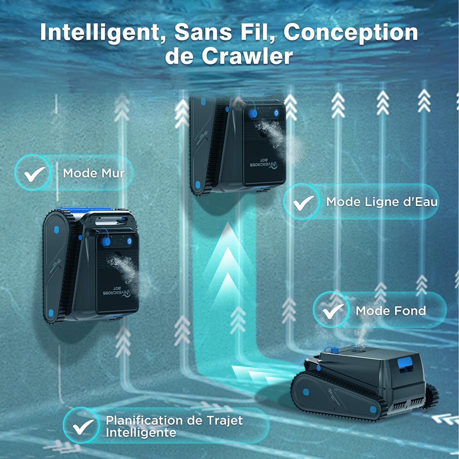 U8 Robot Piscine Fond et Parois, Robot Piscine sans Fil avec Nettoyage de la Ligne d'eau, 120 Min Autonomie, Navigation Intelligente, Stationnement Automatique, Piscines 200㎡ (Noir-APP)