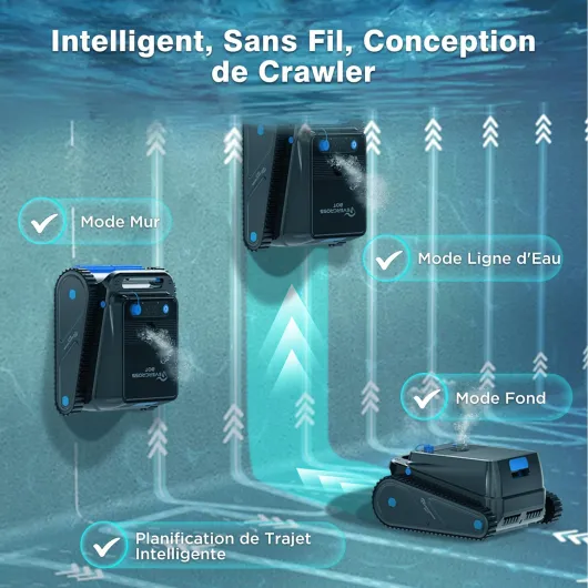 U8 Robot Piscine Fond et Parois, Robot Piscine sans Fil avec Nettoyage de la Ligne d'eau, 120 Min Autonomie, Navigation Intelligente, Stationnement Automatique, Piscines 200㎡ (Noir-APP)