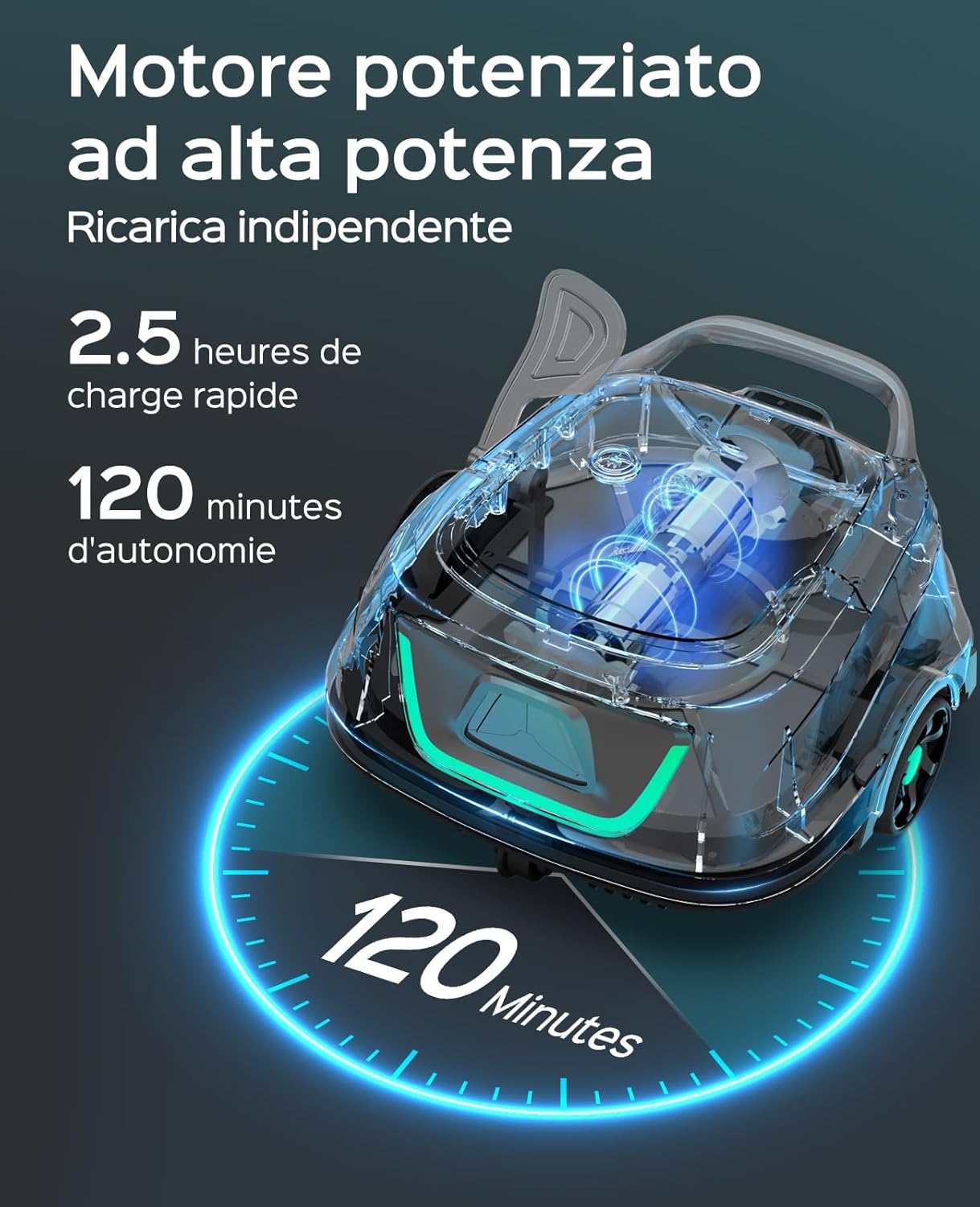A1 Robot Piscine sans Fil pour Piscine Hors Sol Jusqu'à 100m², 4 Cycles de Nettoyage, 120 Minutes d'Aspiration Puissante Robot, Double Filtration Aspirateur Robot Piscine, Gris-Vert Foncé