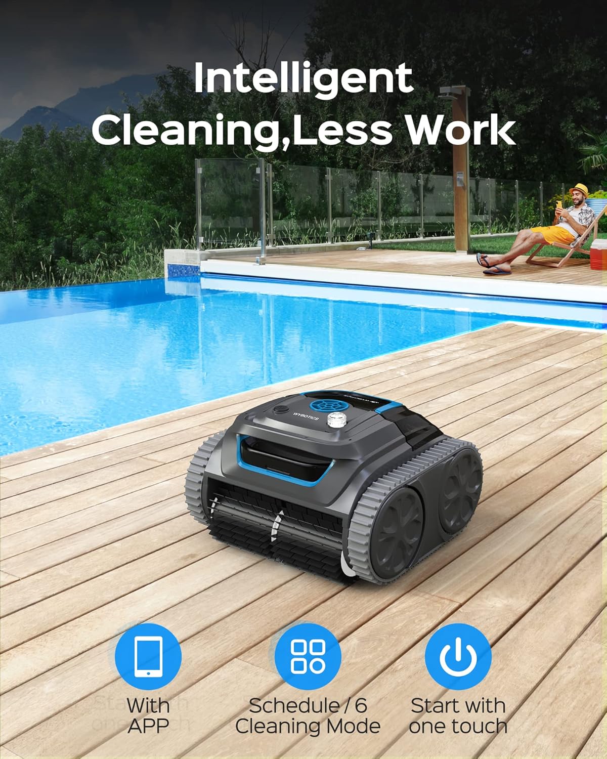 Robot Nettoyeur de Piscine sans Fil Haut de Gamme avec Mode Application, Technologie de cartographie Intelligente, Dure 180 Minutes, Robot aspirateur de Piscine Automatique avec Aspiration