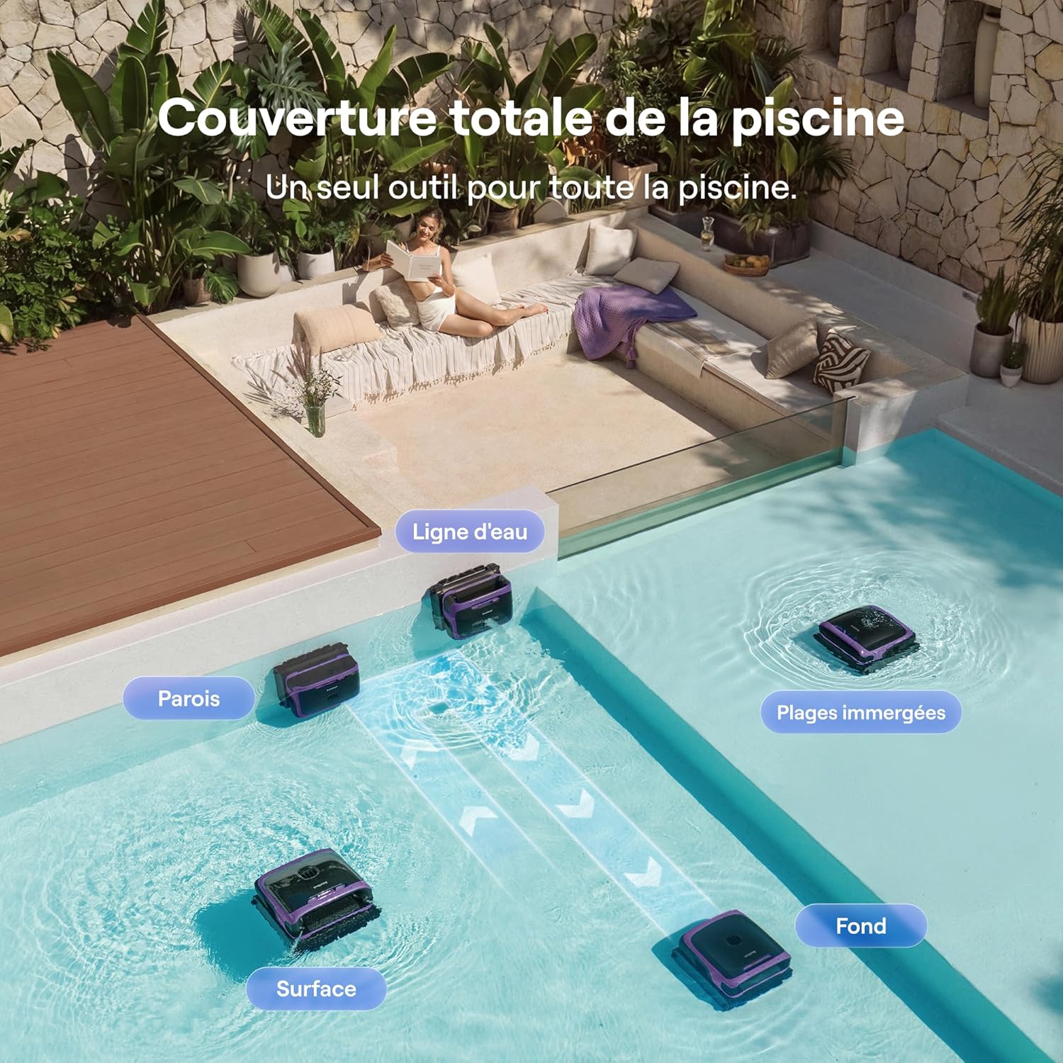 Sora 70 Robot Piscine, aspirateur Piscine 4-en-1, 25700 LPH, stationnement Intelligent Surface de l'eau, capacité 6 L pour débris, Batterie 10 000 mAh, piscines Hors Sol et enterrées (300 m²) Lavande violet