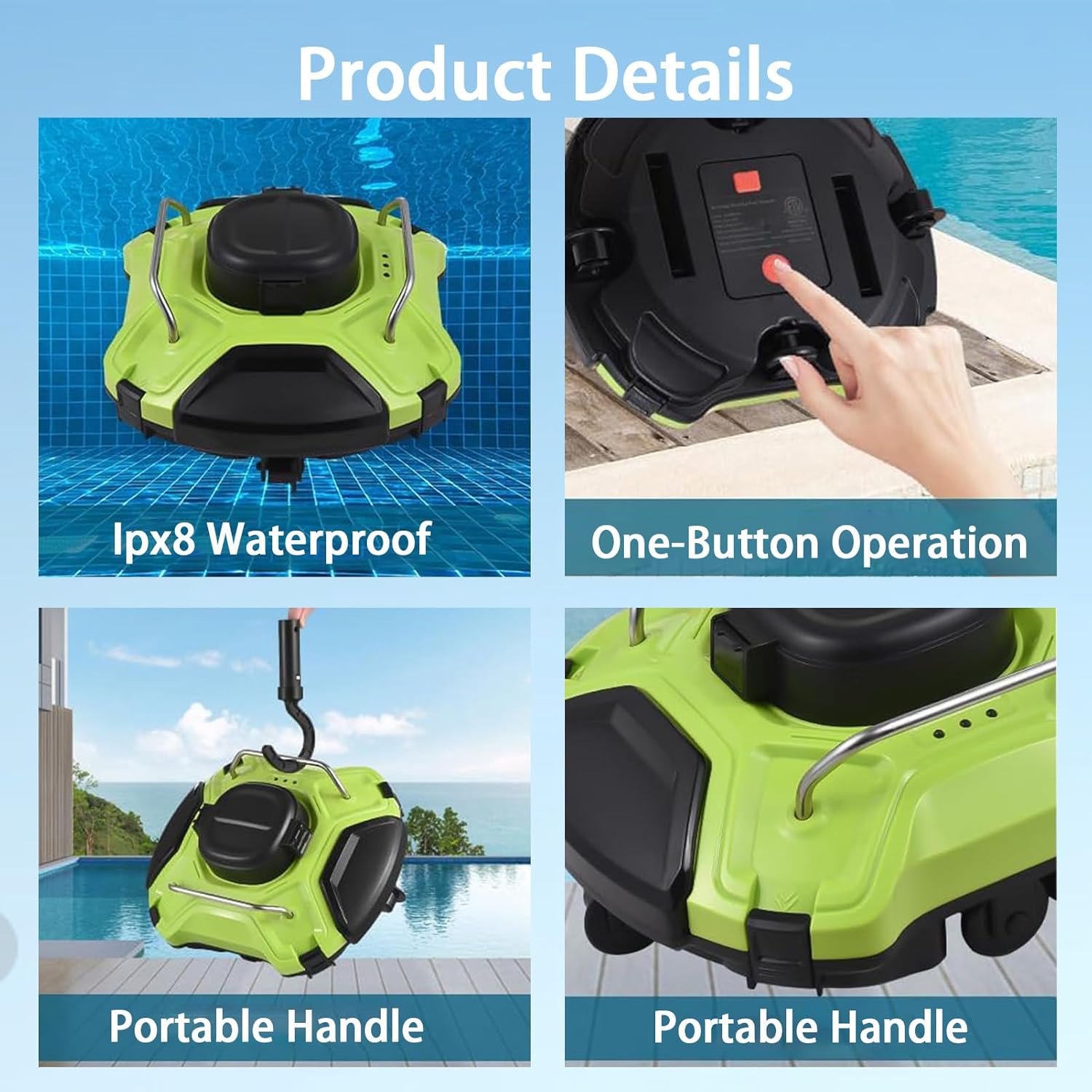 Robot Piscine Fond et Parois,Robot Nettoyeur de Piscine sans Fil,Nettoyeur de Piscine Compact,Ligne d'eau, Autonomie de 210 Min, 21950 LPH Max, pour Piscines 150㎡