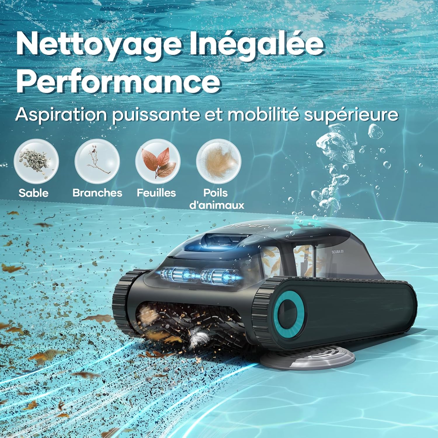 AIPER Scuba S1 Robot Piscine Fond et Parois, Ligne d'eau, Aspirateur Piscine sans Fil, 4 Modes, 150Min d'Autonomie, Escalader Les Murs, Navigation Intelligente 2.0, pour Piscines 150㎡ (Reconditionné) Gris