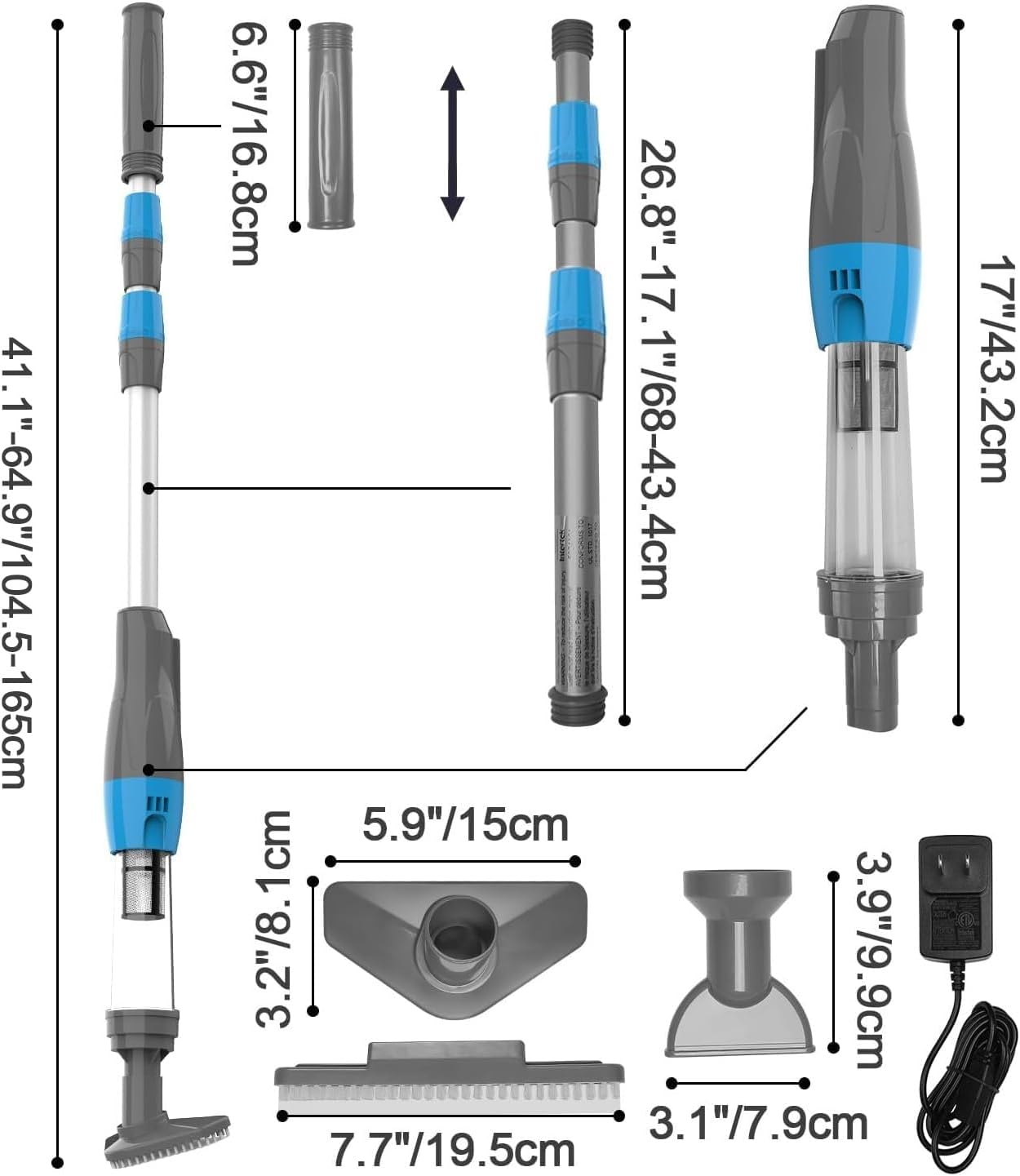 Aspirateur de Piscine sans Fil, 3 en 1 Nettoyeur Électrique à Batterie Rechargeable, Aspirateur Manuel pour Petites Piscine, Jacuzzi, Spa, 90 Minutes d'Autonomie, Gris