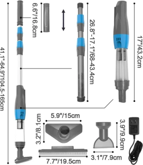 Aspirateur de Piscine sans Fil, 3 en 1 Nettoyeur Électrique à Batterie Rechargeable, Aspirateur Manuel pour Petites Piscine, Jacuzzi, Spa, 90 Minutes d'Autonomie, Gris