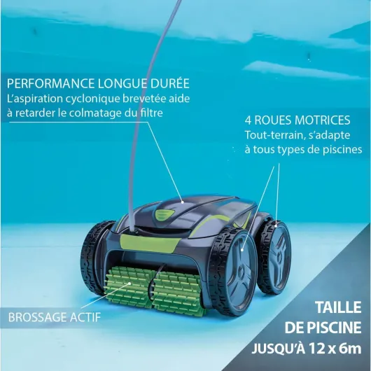 Vortex 4WD GV 5220 – Robot Nettoyeur pour piscines Jusqu’à 12 x 6 m - Nettoie Le Fond, Les parois et la Ligne d’Eau de la Piscine - avec Un câble de 18 m et Un Chariot FOND, MURS ET LIGNE D'EAU