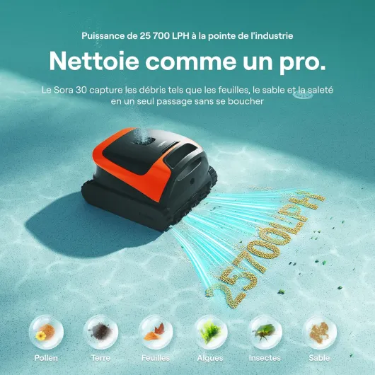 Sora 30 Robot Piscine sans Fil, Nettoyage 3-en-1 (Fond/Parois/Ligne d'eau) + Plages Immergées, Filtre 5L Spécial Feuilles, Sortie Ultra-Légère, 5H (Grands Bassins), Aspirateur Connecté,Orange