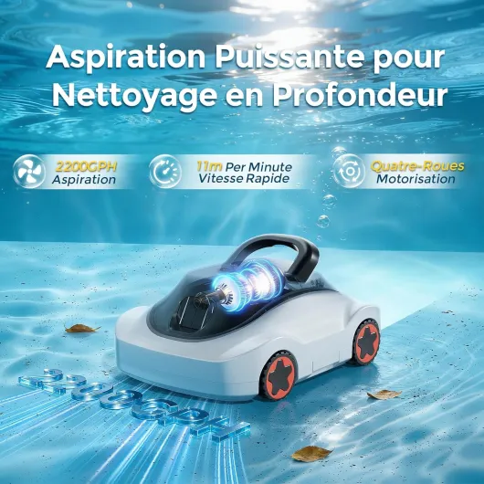 Robot Piscine, Aspirateur Piscine sans Fil, 180 Min d'Autonomie, Aspiration Puissante, Navigation Intelligente, Filtration Ultra-Fine, Auto-Parking, Robot Piscine sans Fil pour Piscines Hors Sol 200m² Blanc