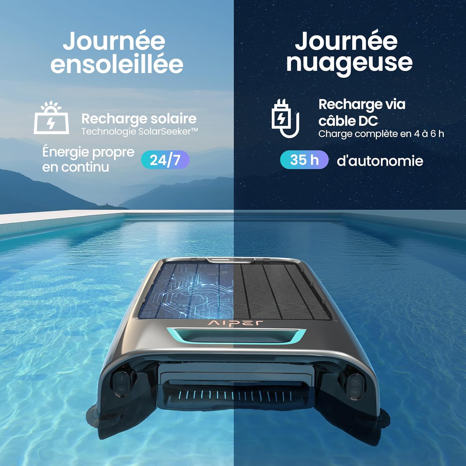 EcoSurfer S2 Robot Skimmer de Piscine Solaire, Robot Piscine sans Fil avec Application, Nettoyage de Surface 24/7, Charge Solaire & Secteur, Détection Intelligente d'obstacles, Filtre 150 µm Gris