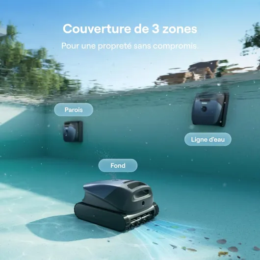 Sora 10 Robot piscine sans fil — Fond/parois/ligne d'eau/plages immergées, puissance d'asp - 25 700 LPH, stationnement intelligent à la ligne d'eau, capacité du filtre 5L, 300 min, Bleu Profond