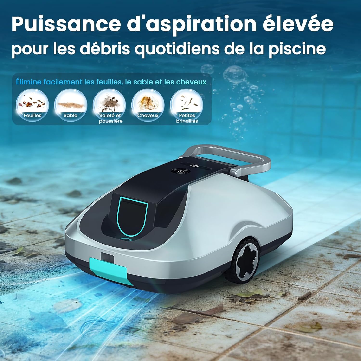 Robot Piscine sans Fil, Robot aspirateur Piscine sans Fil, 200Min d’Autonomie, Retour Automatique, Filtration Ultra-Fine, Navigation Intelligente, Compact et Portable pour Piscines Hors Sol 232 m² bleu