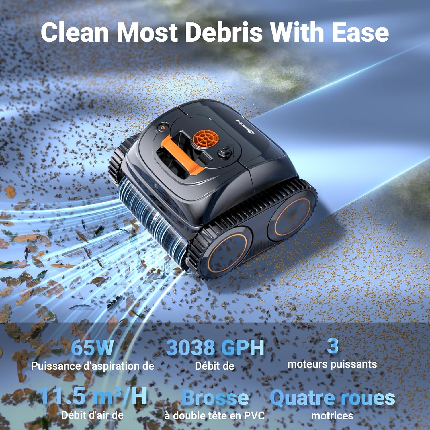 Winny C1 Robot Piscine sans Fil-Nettoie Fond et Parois, Navigation Intelligente, Autonomie 150 Min, Stationnement Automatique, Contrôle par APP, pour Piscines Enterrées et Hors Sol, Orange Noir