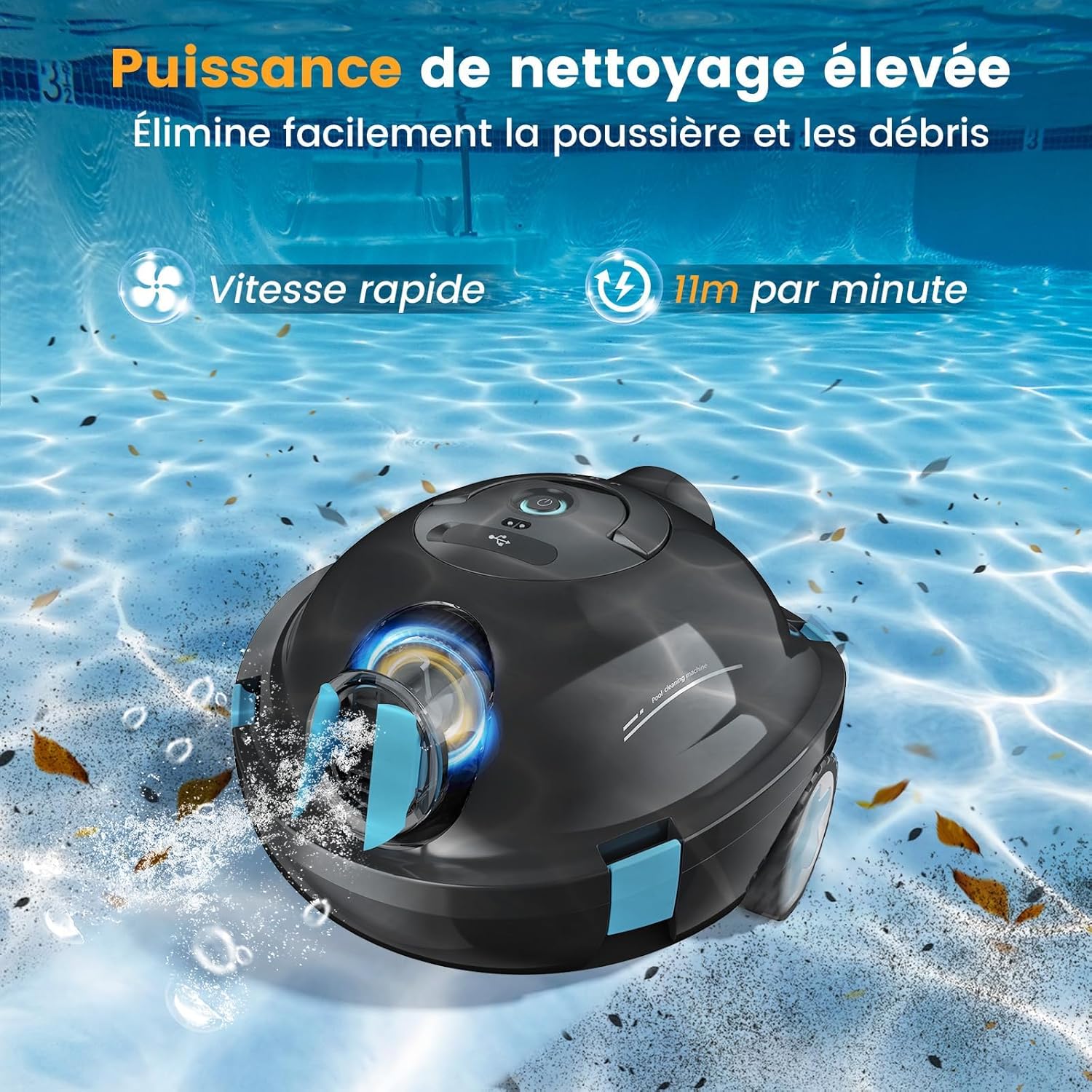 Robot Piscine, Robot Piscine sans Fil Y10 - Aspirateur Automatique et Puissant, 120 Minutes d'Autonomie & Auto-Stationnement, Conçu pour Bassins Enterrés et Piscines à Fond Plat jusqu'à 100 m²(Noir)