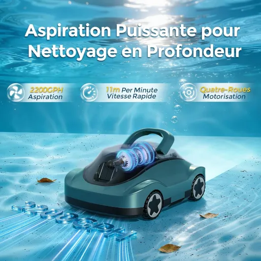 Robot Piscine, Aspirateur Piscine sans Fil, 180 Min d'Autonomie, Aspiration Puissante, Navigation Intelligente, Filtration Ultra-Fine, Auto-Parking, Robot Piscine sans Fil pour Piscines Hors Sol 200m²