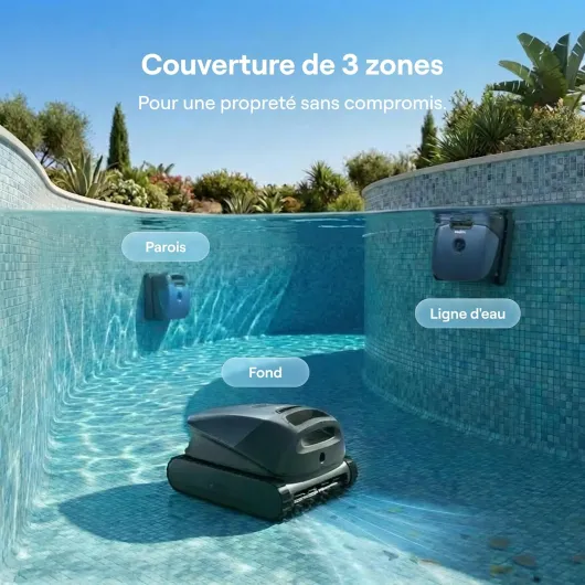 Sora 10 Robot Piscine sans Fil, Ultra-Puissant 25700 LPH, Fond/Parois/Ligne d'eau/Plages Immergées, Filtre 5L Spécial Feuilles, Stationnement Intelligent, 300 Min/300m², Bleu Bleu profond