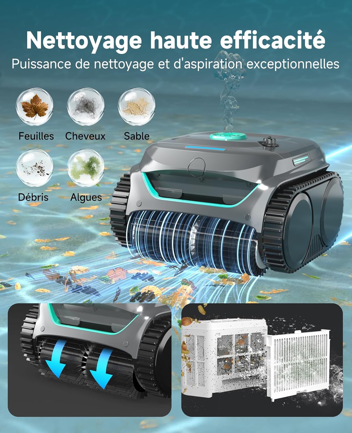 C2 Robot Piscine sans Fil, Double Filtration, 3 Moteurs, Aspiration Puissante, Nettoyage Fond et Parois & Ligne d'eau, 180 Min, pour Piscines Enterrées 150㎡, App(Vert Brume-Vert)
