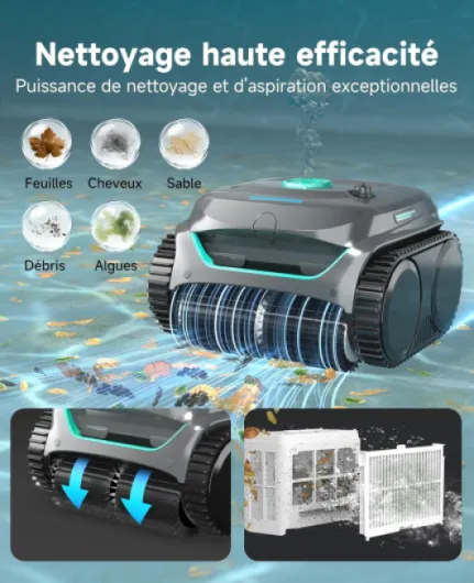 C2 Robot Piscine sans Fil, Double Filtration, 3 Moteurs, Aspiration Puissante, Nettoyage Fond et Parois & Ligne d'eau, 180 Min, pour Piscines Enterrées 150㎡, App(Vert Brume-Vert)
