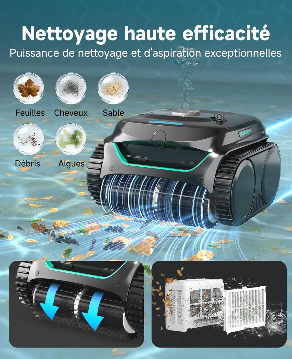 C2 Robot Piscine sans Fil, Double Filtration, 3 Moteurs, Aspiration Puissante, Nettoyage Fond et Parois & Ligne d'eau, 180 Min, pour Piscines Enterrées 150㎡, App(Vert Charbon-Gris)