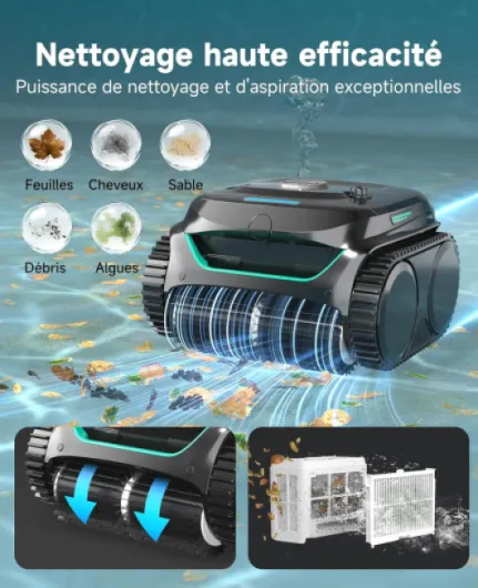 C2 Robot Piscine sans Fil, Double Filtration, 3 Moteurs, Aspiration Puissante, Nettoyage Fond et Parois & Ligne d'eau, 180 Min, pour Piscines Enterrées 150㎡, App(Vert Charbon-Gris)