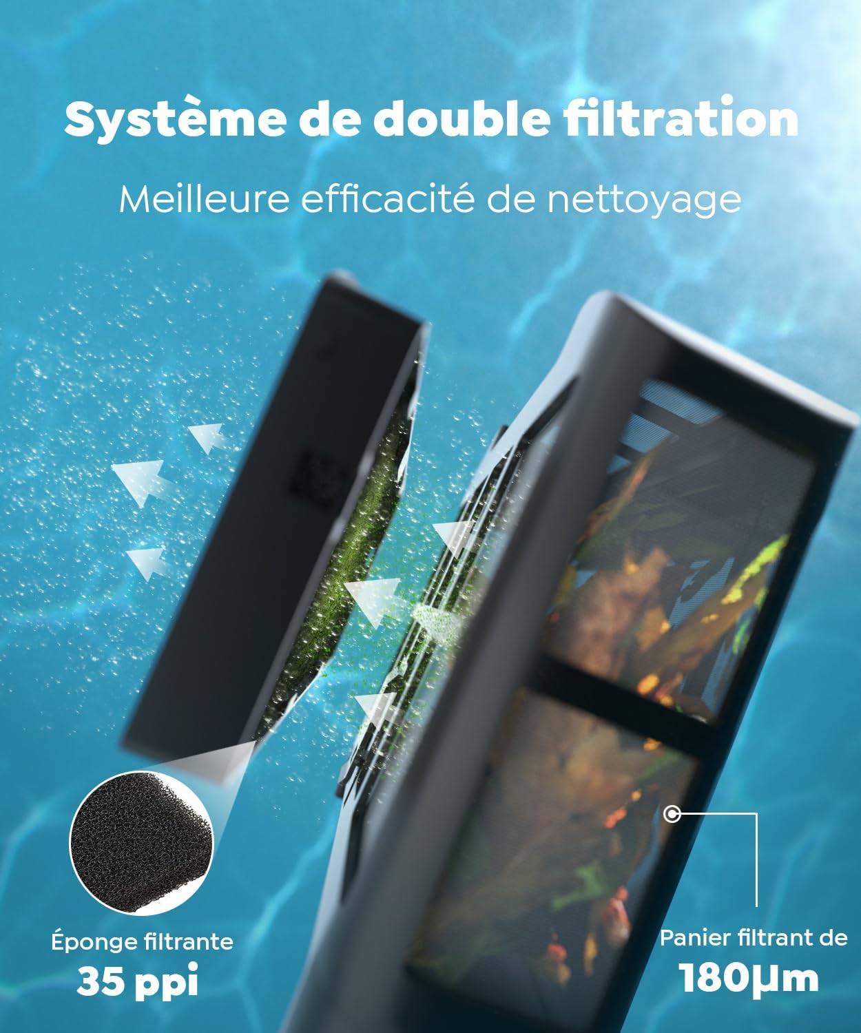 C1 Robot de Piscine Fond et Parois, Ligne d'eau, Double Filtre, Robot Piscine sans Fil, 7 Modes de Nettoyage, 170-180 Min d'Autonomie, Puissant Aspirateur pour Piscines jusqu'à 160 m²