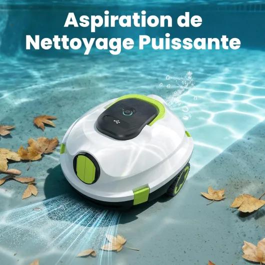 Robot Nettoyeur de Piscine sans Fil - Aspirateur de Piscine Automatique, 120 Min d'autonomie, Auto-Stationnement & Ultra Léger - Robot pour Piscine Hors-Sol ou Enterrée à Fond Plat jusqu'à 110 m²(BL) Blanc