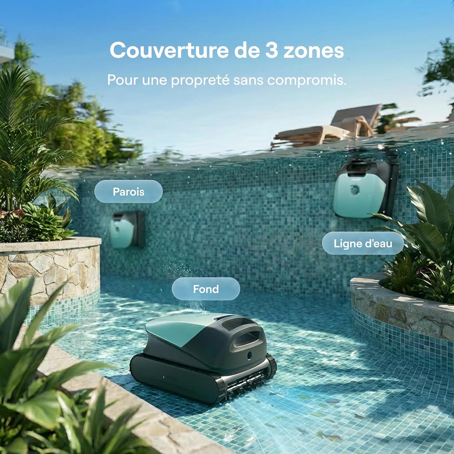 Sora 10 Robot Piscine sans Fil, Ultra-Puissant 25700 LPH, Fond/Parois/Ligne d'eau/Plages Immergées, Filtre 5L Spécial Feuilles, Stationnement Intelligent, 300 Min/300m², Vert