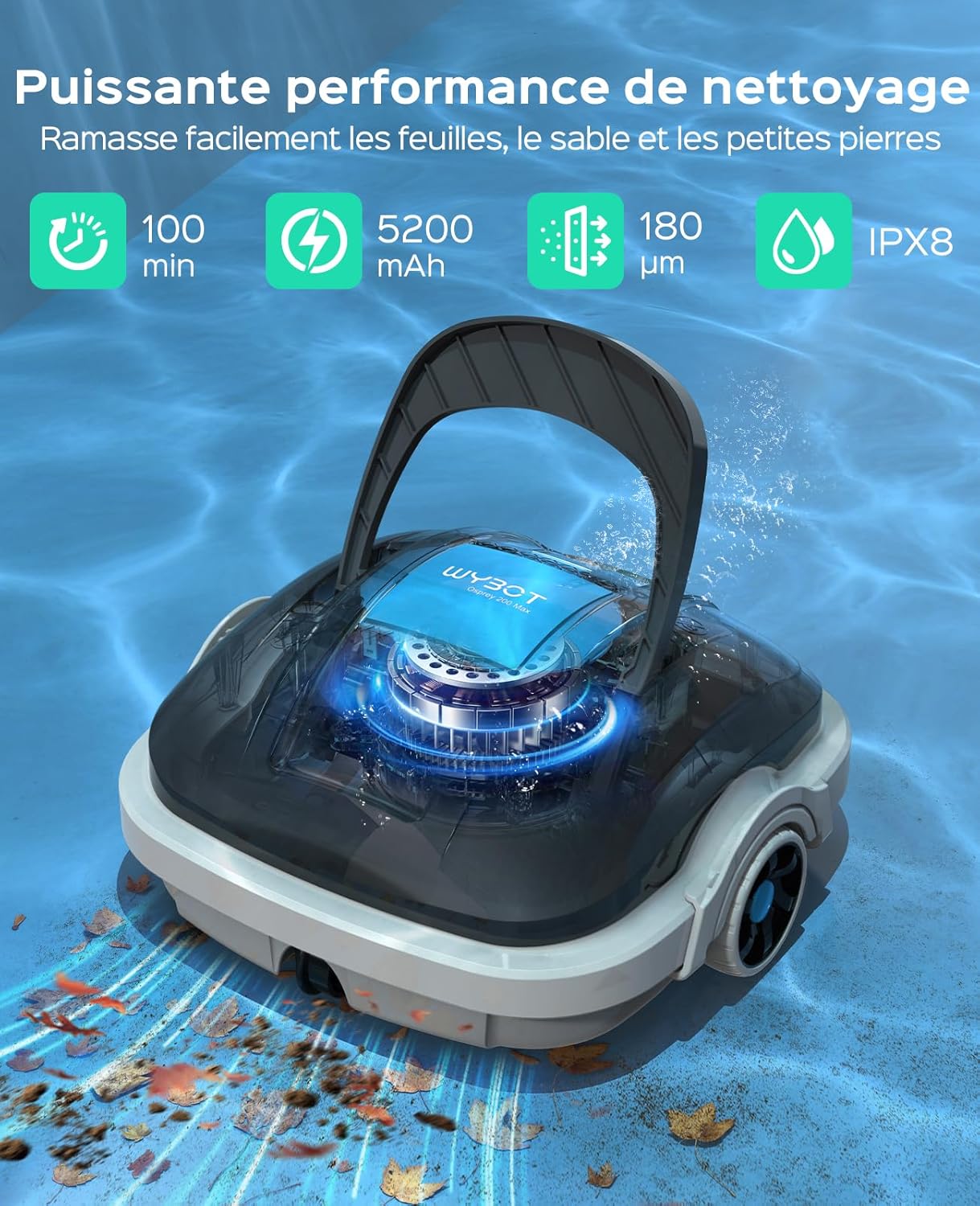 Osprey 200 Max Robot Piscine,Aspirateur Piscine sans Fil,Moteurs Doubles Nettoyeur de Piscine,Autonomie 100 Min,Stationnement Automatique,pour Piscines Hors Sol 80m²(Gris foncé)