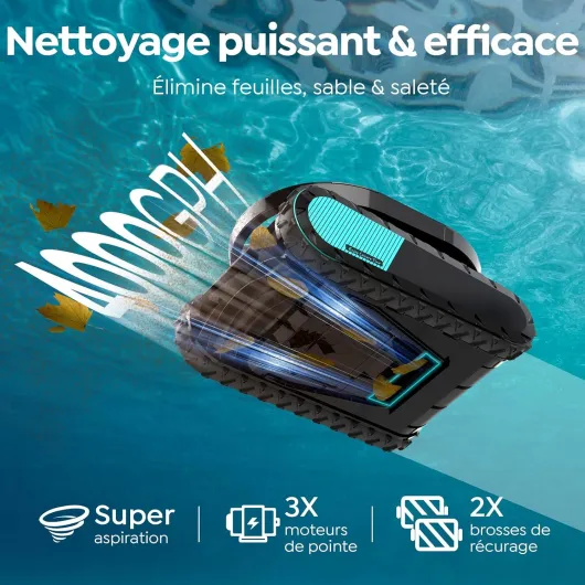 Pleco Pro Robot de Piscine sans Fil, Robot Piscine Fond et Parois, Autonomie 210 Min, Double Filtration, 7 Modes de Nettoyage, Contrôle Via App, Aspirateur pour piscines Jusqu’à 200㎡, Noir