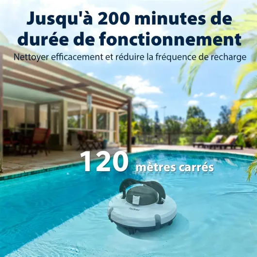 Upgrade Redkey S100 Robot Piscine Sans Fil, 200Min Nettoyage Puissant 18° Pente, Deux Moteurs Puissants et Brosses, Automatique de Stationnement, Aspirateur Piscine pour Piscines Hors Sol jusqu'à 120㎡ Blanc
