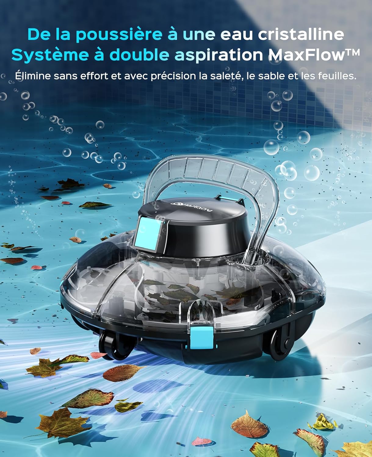Winny 200 Robot Piscine, Aspirateur Piscine sans Fil avec Batterie, Autonomie 75 Min pour Piscines Hors-Sol 60m², Double Filtration,Stationnement Automatique(Noir-Bleu Marine)