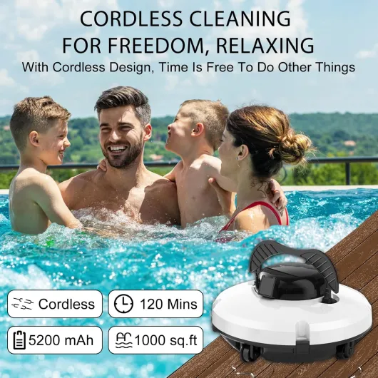 2026 Robot aspirateur de Piscine sans Fil pour Piscine Hors Sol 120 Minutes d'autonomie, Nettoyeur de Piscine Automatique pour Piscine creusée jusqu'à 1000 Pieds carrés Robot de Piscine autoparquant Beige