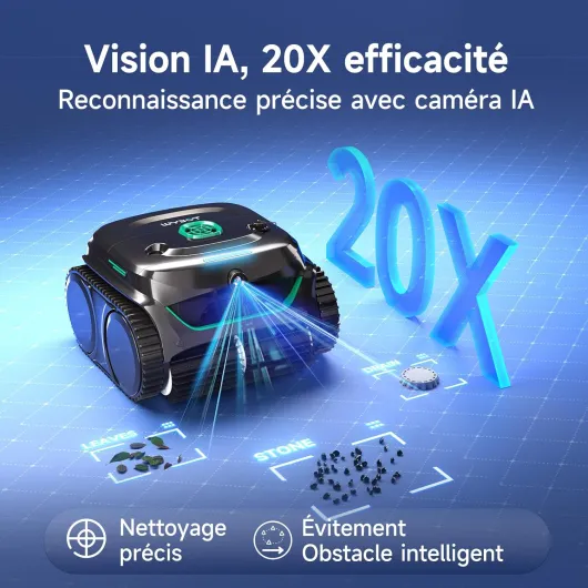 C2 Vision Plus Robot de Piscine sans Fil avec caméra IA, Robot Batterie parois et Fond : Aspiration puissante, Double Filtre, 8 Modes, pour piscines enterrées 210 m² – Vert Minuit