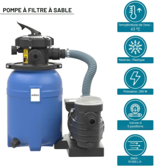 Filtre à Sable et Particules – 250 W – capacité 14 l / 10 kg – 10 000 l/h – avec Vanne 5 Positions et Pompe de filtrage Auto-amorçante – Cuve de Filtration pour Piscine Hors-Sol Swimmingpool avec pompe 14 l - 10.000 l/h