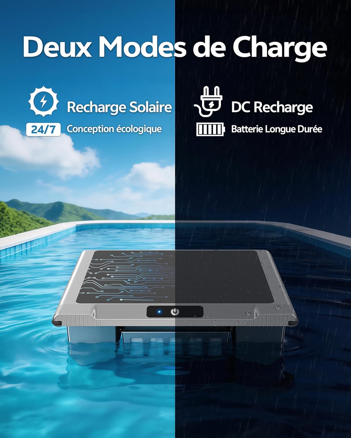 T1B Robot Nettoyeur Skimmer Solaire Robot de Surface Piscine, avec Nettoyage 24h/7, Double Modes de Recharge, Retour Automatique à la Base, adapté aux piscines Enterrées et Hors Sol (Bleu)