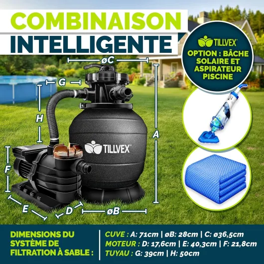 Tillvex® Système de Filtre à Sable 13 200L/h jusqu'à 40 000L + 1200g Boules Filtre - 7 Fonctions de Filtration & Adaptateur 2en1 Ø32-38mm - Filtre piscine avec indicateur de pression (Noir) Noir Classic