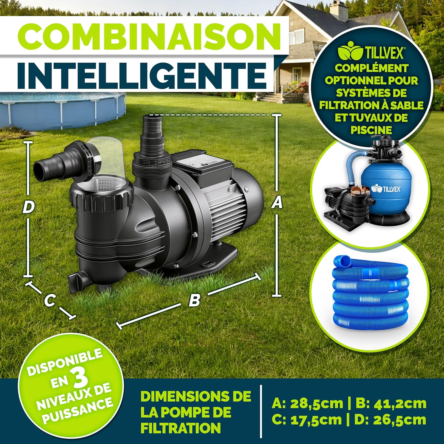 Tillvex® Pompe de filtration piscine 7 000 L/h & 250 W - Hauteur de refoulement max - 7,5 m - Pompe de circulation pour piscines 22 m³ - Auto-amorçante pour piscine hors-sol & spa avec préfiltre Sans Minuterie 7 000 L/h – jusqu'à 22 m³ de piscine