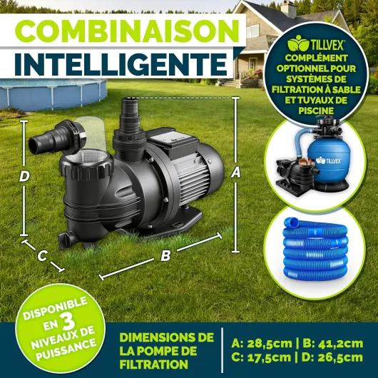 Tillvex® Pompe de filtration piscine 7 000 L/h & 250 W - Hauteur de refoulement max - 7,5 m - Pompe de circulation pour piscines 22 m³ - Auto-amorçante pour piscine hors-sol & spa avec préfiltre Sans Minuterie 7 000 L/h – jusqu'à 22 m³ de piscine