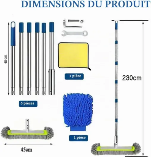 Brosse de Piscine avec Tige Télescopique de 230 cm de Long, Brosse de Nettoyage pour Piscine de 45 cm, Balai de Piscine Extrémités Rondes avec Tige en Acier Inoxydable Réglable en Longueur Gris