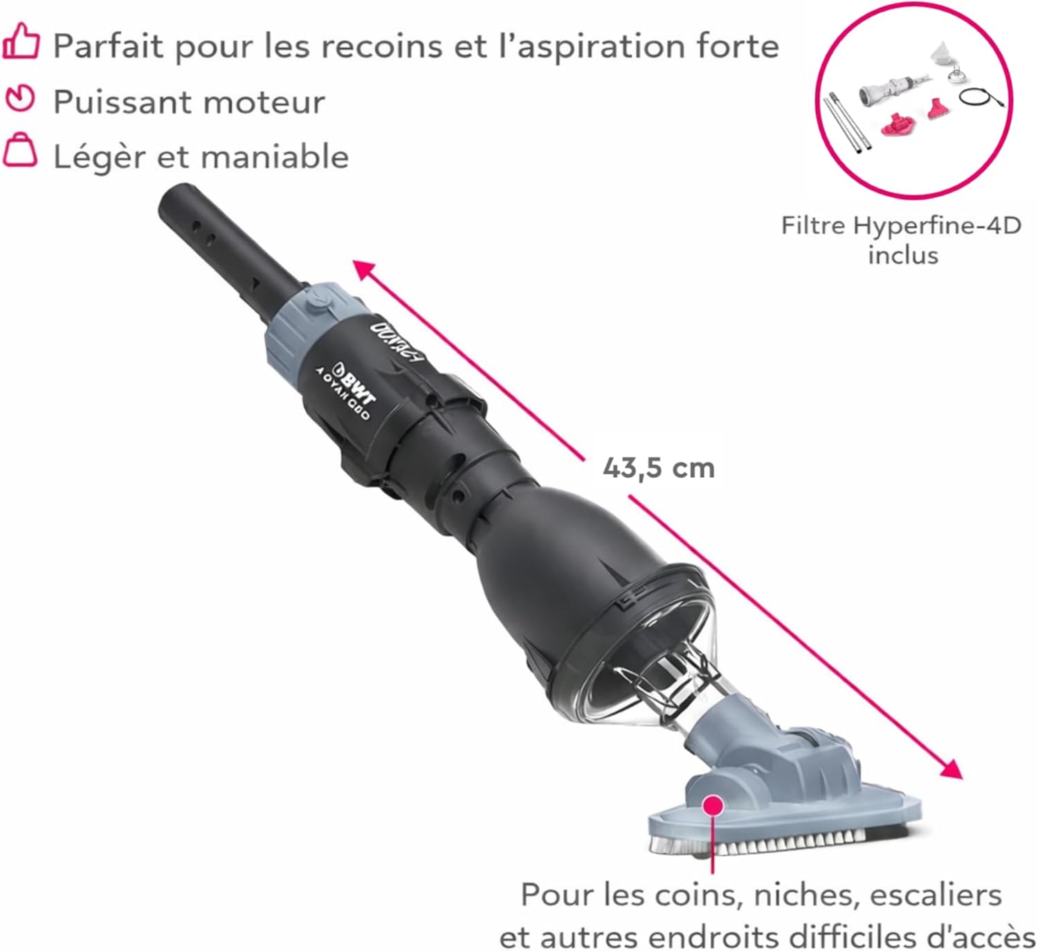 BWT aspirateur Piscine FSA200 sans Fil avec Batterie - Robot Piscine Compact pour Sol et parois - aspirateur Spa et Piscine Hors Sol Puissant avec Balai et Grande autonomie Aspirateur de piscine moderne